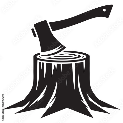 Silhouette of an Axe Chopping Wood Stump Vector Illustration