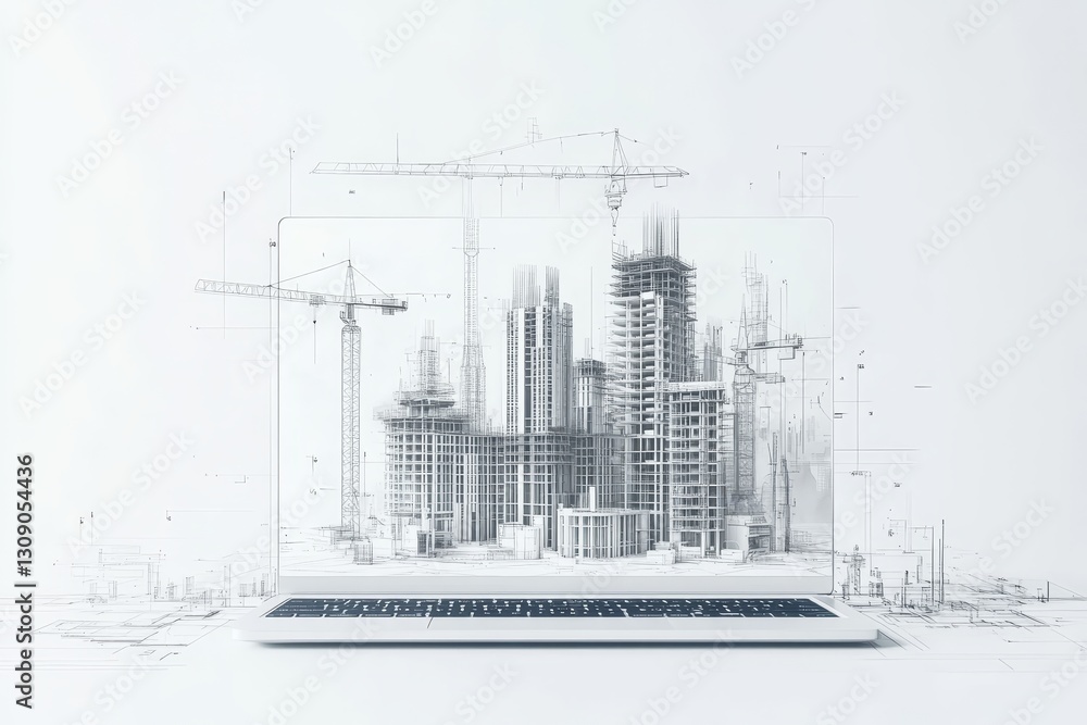 Obraz premium 3d illustration of laptop displaying construction plans and blueprints on a white background