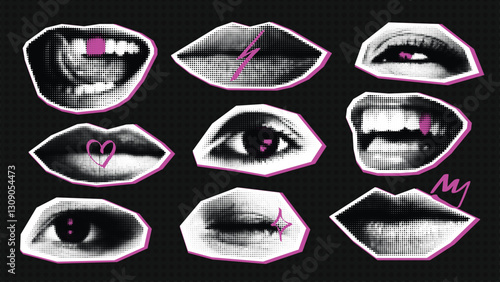 Contemporary art collage facial elements with doodles. Vector set of halftone cutout eyes and lips.