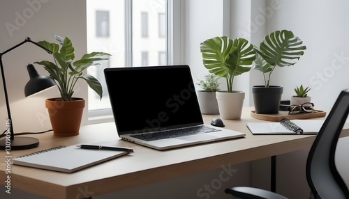 Wallpaper Mural Modern Home Office Desk with Laptop Plants and Cozy Workspace Design Torontodigital.ca