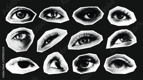 Vector eyes with monochrome halftone effect. Grunge punk y2k collage design elements.