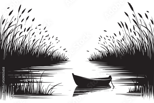 Scenic Boat Silhouette on Lake Vector Art for Tranquil Designs