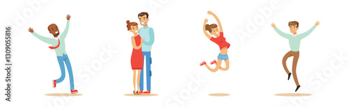 Happy Man and Woman Character Rejoicing Feel Happiness Vector Set