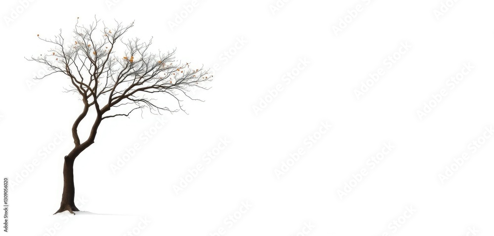 Fototapeta premium Lone deciduous tree, stark branches against pure white backdrop, plant, isolated