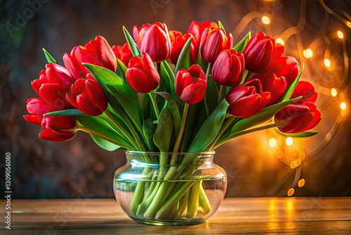 Close-up macro of vibrant red tulips in a glass vase, a spring floral still life.