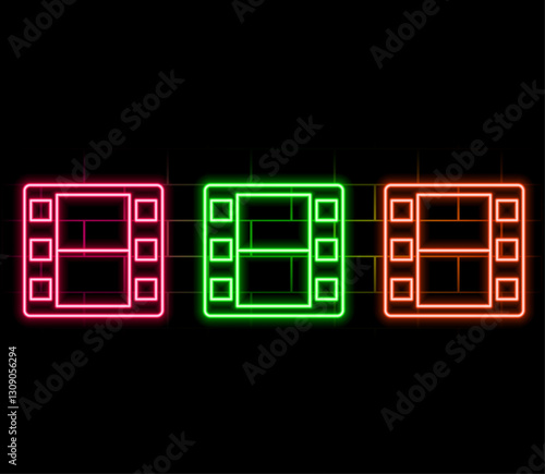 Glowing neon Movie clapper icon isolated on brick wall background. Film clapper board icon. Clapperboard sign. Cinema production or media industry concept. Vector Illustration.
