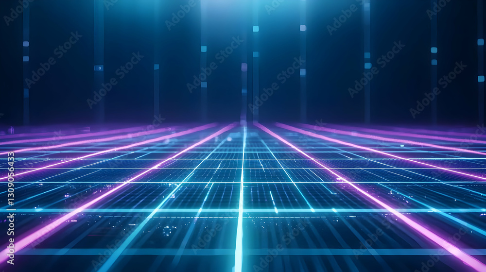 Abstract Futuristic Digital Grid Pattern With Glowing Lines And Light Beams In Blue And Purple Tones Abstract Futuristic Digital Grid Pattern With Glowing Lines And Light Beams In Blue And Purple Tones