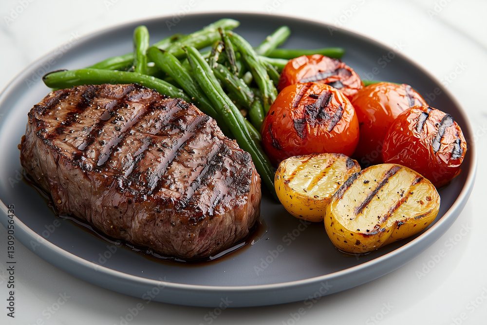 Grilled steak served with green beans, roasted tomatoes, and sliced grilled potatoes on a plate Grilled steak served with green beans, roasted tomatoes, and sliced grilled potatoes on a plate