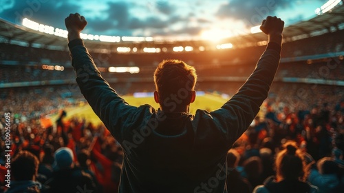 Ecstatic supporter raising arms in victory at grand sports arena