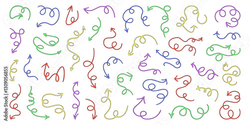Arrow colorful doodles, pointers of direction with curvy lines, line art, decorative sticker set with different arrows. Vector illustration.