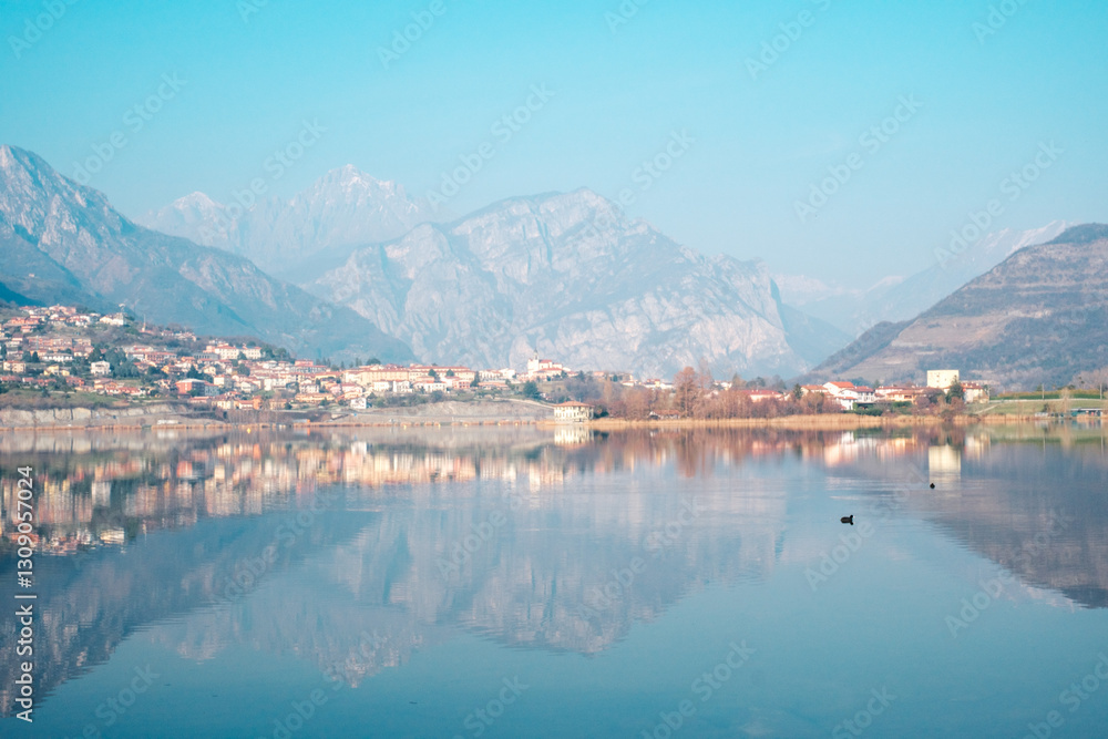 Fototapeta premium Scenic View of Lago di Annone with Monte Resegone and Civate in the Background