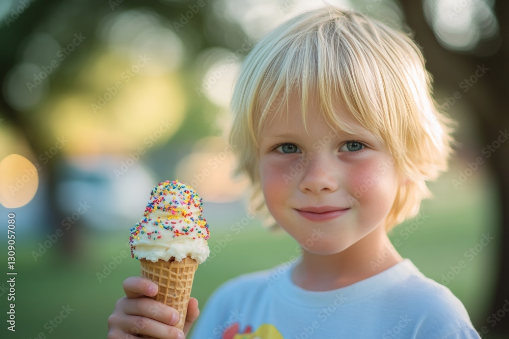 Adorable blonde boy enjoying sprinkled ice cream cone in a lush park close up portrait photography Adorable blonde boy enjoying sprinkled ice cream cone in a lush park close up portrait photography