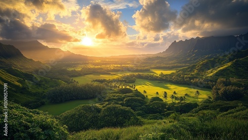 Wallpaper Mural Golden Hour Panorama: Breathtaking Sunset over Lush Hawaiian Valley Torontodigital.ca