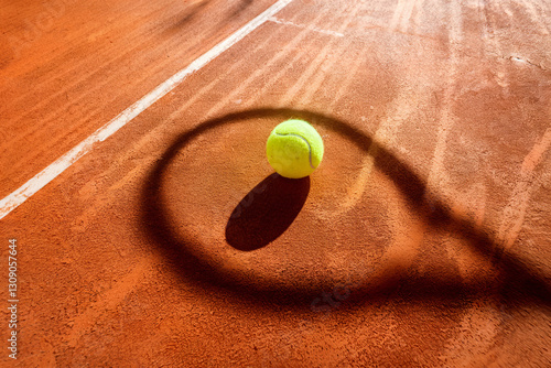 A tennis ball resting on a sunlit clay court casting a shadow from a racquet