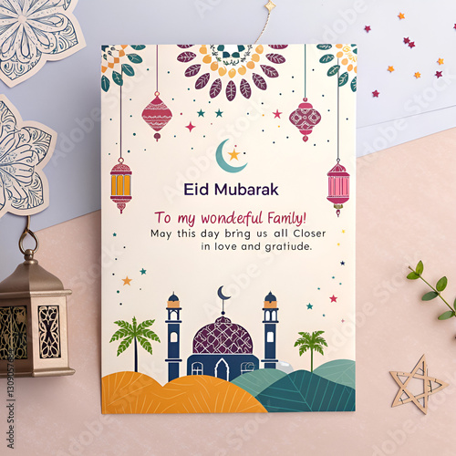 Beautiful Eid Mubarak Greeting Card with Islamic Motifs and Mosque Illustration.