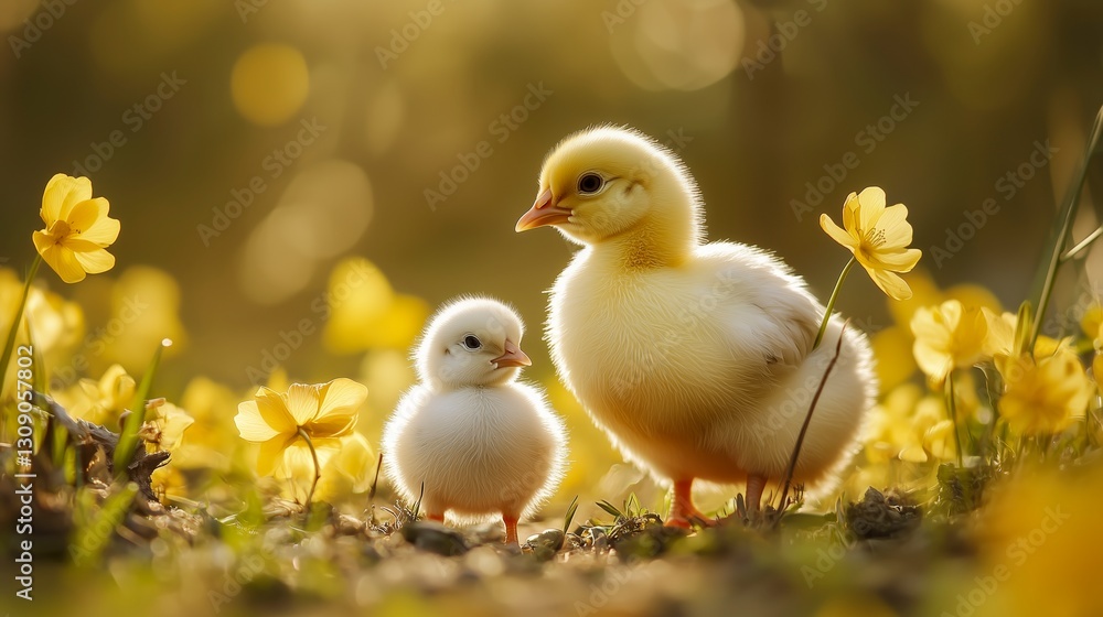 A fluffy chick and a duckling standing together in a field of yellow flowers, bathed in golden sunlight. A fluffy chick and a duckling standing together in a field of yellow flowers, bathed in golden sunlight.