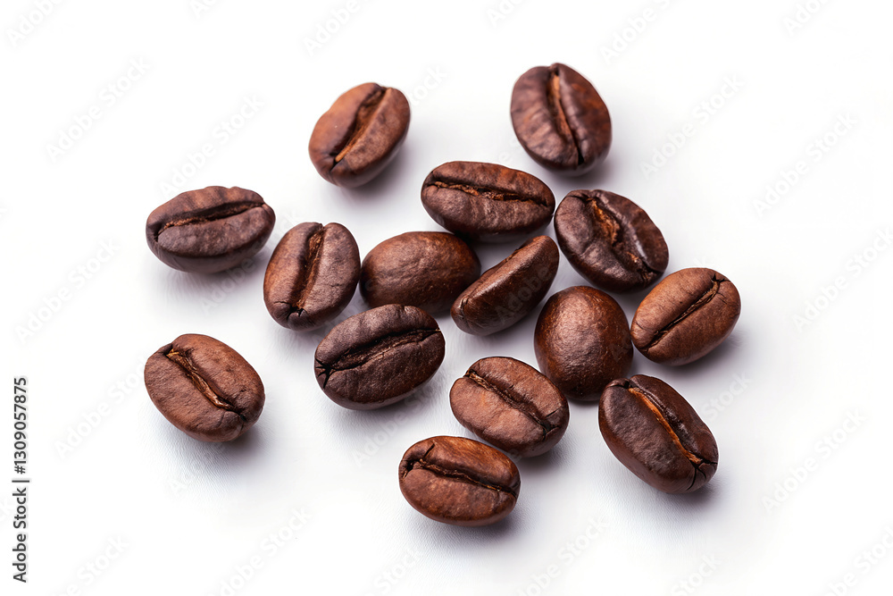 A small collection of coffee beans arranged in a scattered pattern against a plain white background. A small collection of coffee beans arranged in a scattered pattern against a plain white background.