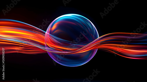 Abstract Sphere With Flowing Energy Lines Glowing In Dark Background