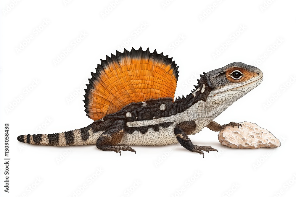 Fototapeta premium A vibrant lizard with an impressive frill and striking orange hues, showcasing its unique features in a natural setting.