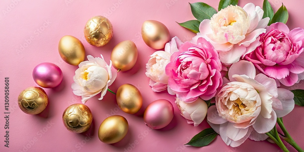 Delicate pastel pink peonies and Easter eggs in a minimalist spring floral still life. Delicate pastel pink peonies and Easter eggs in a minimalist spring floral still life.