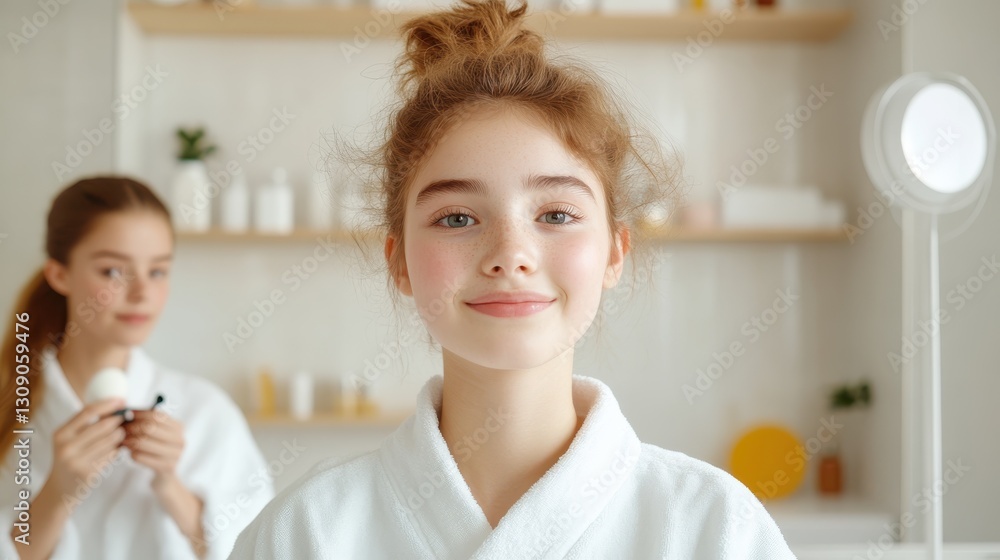 Two friends enjoying a morning makeup ritual in a cozy bathroom Two friends enjoying a morning makeup ritual in a cozy bathroom