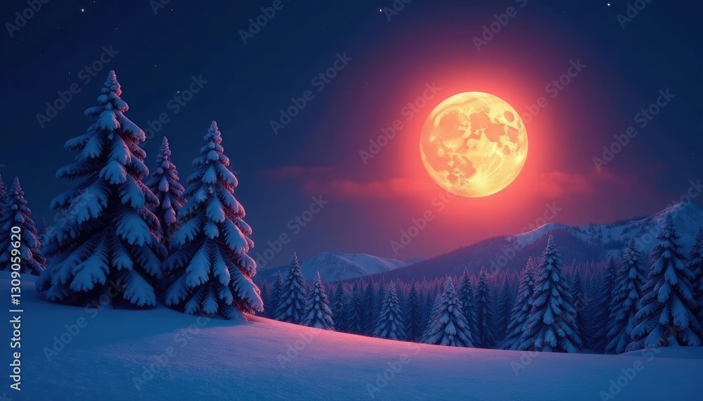 Fototapeta premium Snow-covered trees in the foreground with a glowing full moon behind them, scenery, backdrop