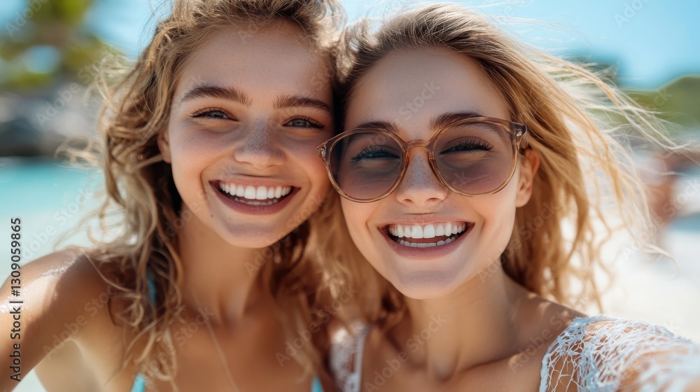 Two friends share laughter and joy while taking a selfie at the beach Two friends share laughter and joy while taking a selfie at the beach