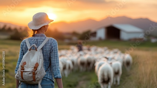 Woman herding sheep at sunset in Ninh Thuan Province, Vietnam photo