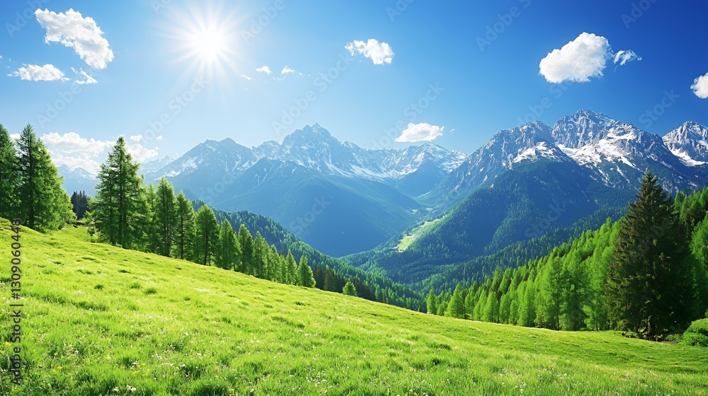 Obraz premium Bright Sunny Day in Mountain Landscape with Lush Green Field