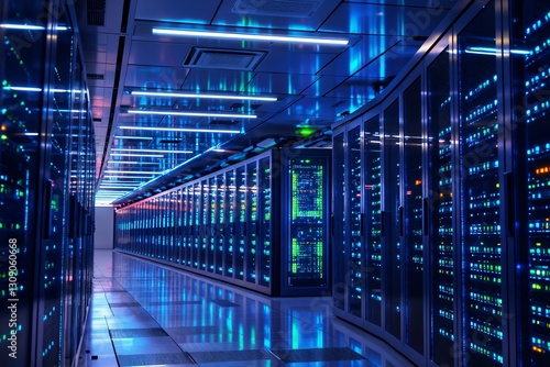 Toller Hintergrund f  r Videokonferenzen. Ein futuristischer Serverraum mit leuchtenden blauen und gr  nen LED-Lichtern auf den Serverschr  nken. 