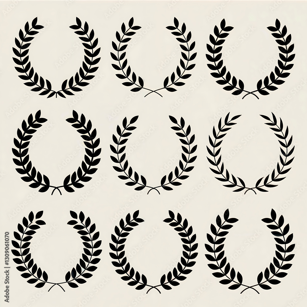 A vector illustration of a set of elegant, black and white laurel wreaths and botanical garlands. A vector illustration of a set of elegant, black and white laurel wreaths and botanical garlands.