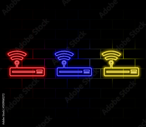 Network Router neon icon. Wifi router, wireless broadband modem. Communication Access Network. Vector stock illustration.