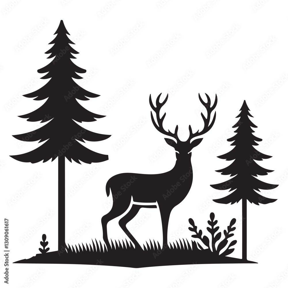 Majestic Deer Silhouette Illustration in Forest Pine Tree Scene Majestic Deer Silhouette Illustration in Forest Pine Tree Scene