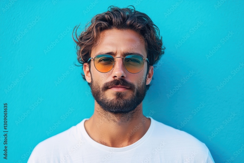 Fototapeta premium Cool summer vibes with a trendy man against a vibrant blue background