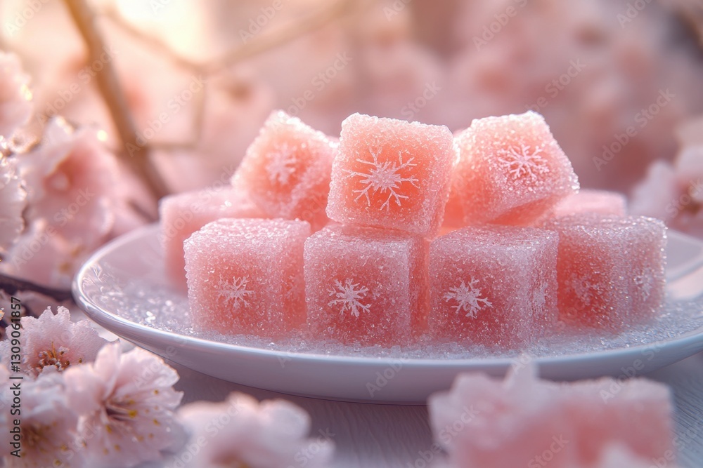 Fototapeta premium A plate of sugar cubes has pink jelly shaped and colored like snowflakes on top.