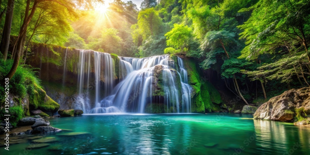 Emerald canopy frames a cascading waterfall, lush forest scene. Emerald canopy frames a cascading waterfall, lush forest scene.