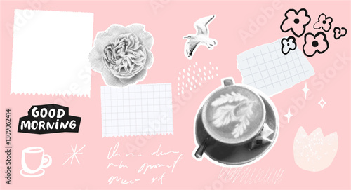 Collage vision board, feminine pink paper design template, flower, coffee cup and bird halftone cutouts
