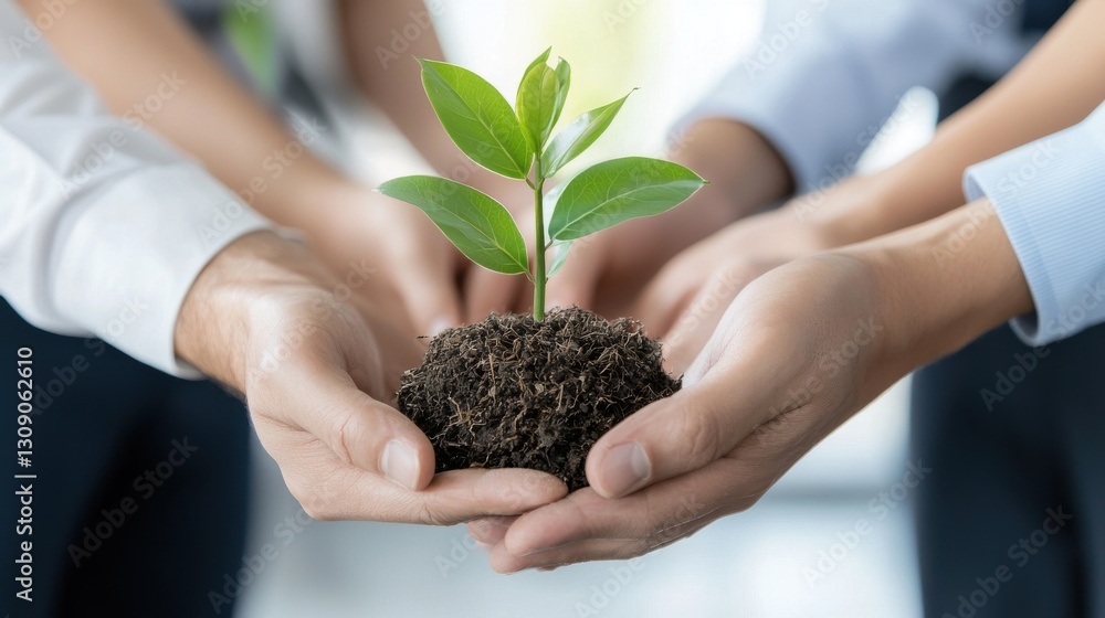 Hands nurturing a small plant, symbolizing growth, teamwork, and environmental conservation. Hands nurturing a small plant, symbolizing growth, teamwork, and environmental conservation.