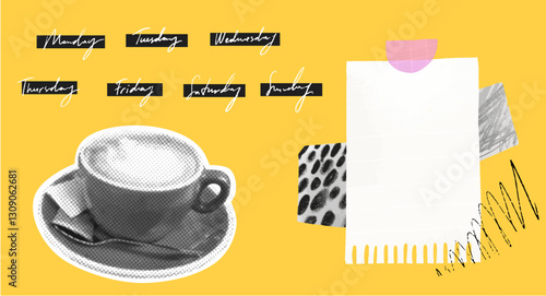 Week days planner stickers, halftone coffee cup collage cutout on yellow background, scrapbook paper taped on board