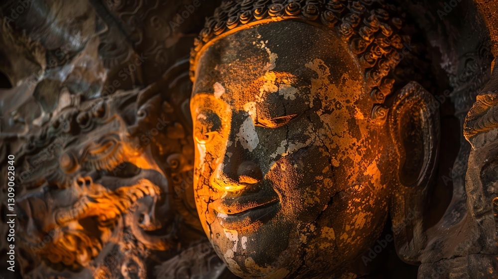 A close-up of a weathered, golden Buddha statue with a serene expression. A close-up of a weathered, golden Buddha statue with a serene expression.