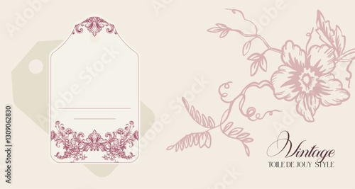 Fully editable set of tags, botanical line illustration with infographics (stylization of Toile De Jouy). Digital illustration in vintage style for wedding design, branding, advertising.