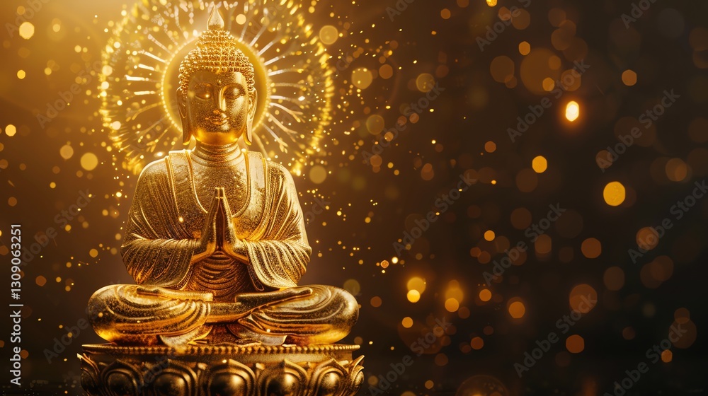 A golden Buddha statue sits on a lotus base, surrounded by a golden light and bokeh. A golden Buddha statue sits on a lotus base, surrounded by a golden light and bokeh.