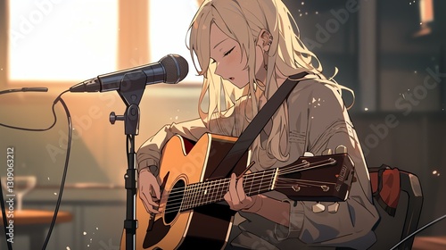Young woman singing with acoustic guitar in softly lit room