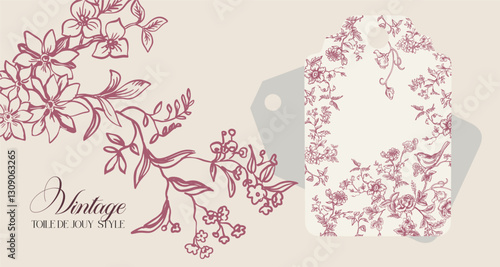 Fully editable set of tags, botanical line illustration with infographics (stylization of Toile De Jouy). Digital illustration in vintage style for wedding design, branding, advertising.