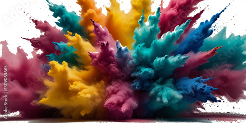 Vector colorful vibrant rainbow, smoke and cloud paint color powder explosion with bright colors isolated  on transparent background. Multicolored explosion of rainbow powder paint festival background
