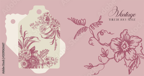 Fully editable set of tags, botanical line illustration with infographics (stylization of Toile De Jouy). Digital illustration in vintage style for wedding design, branding, advertising.