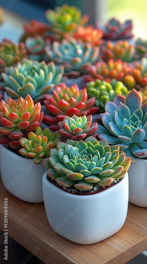 Fototapeta premium Succulent harmony in vibrant hues captured in a tranquil indoor garden