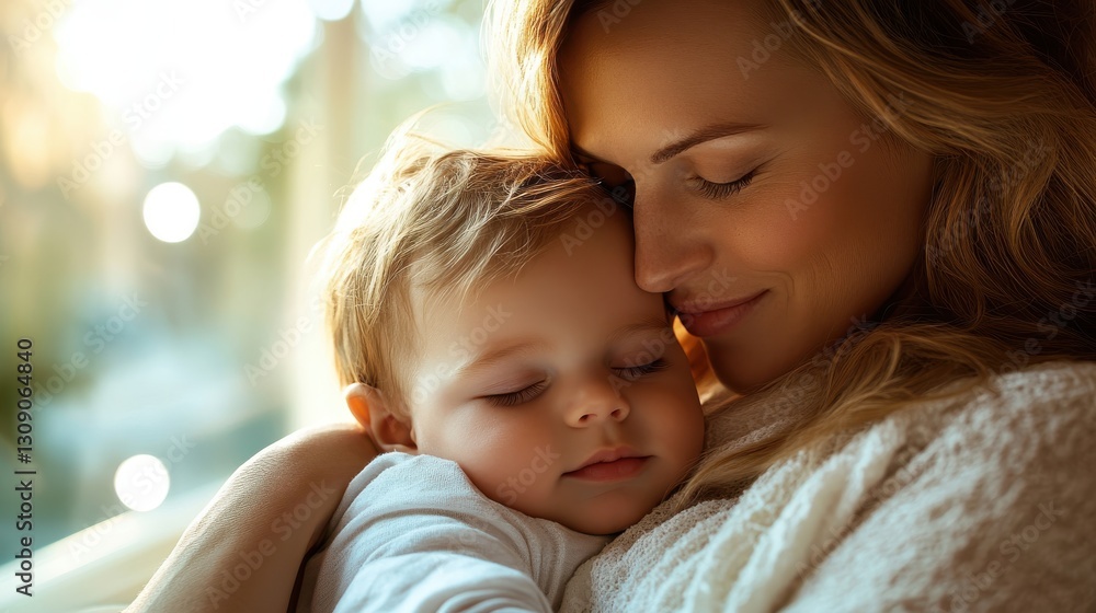Obraz premium Mother cherishes her sleeping baby boy in a warm embrace