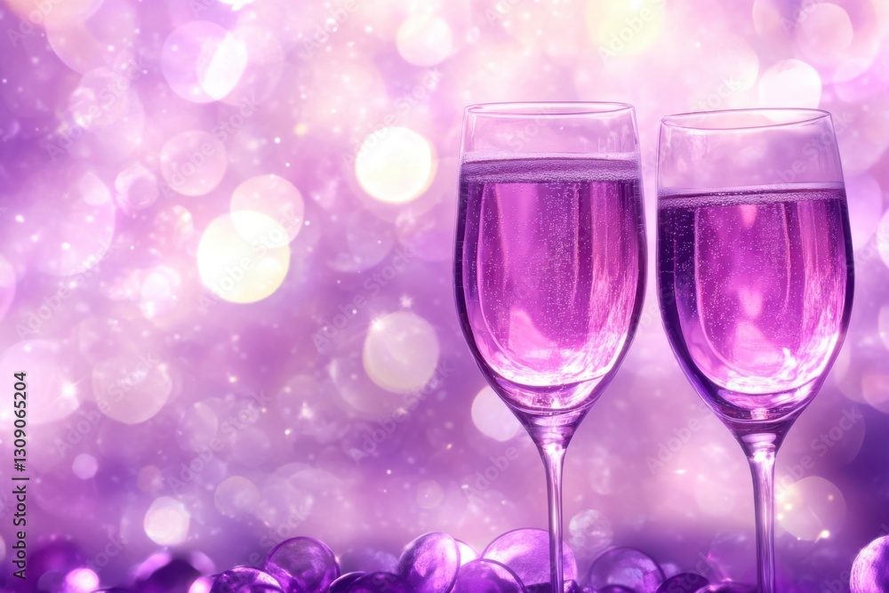 Two overflowing champagne glasses sparkle against a backdrop of shimmering bokeh lights and deep shades of purple. Two overflowing champagne glasses sparkle against a backdrop of shimmering bokeh lights and deep shades of purple.