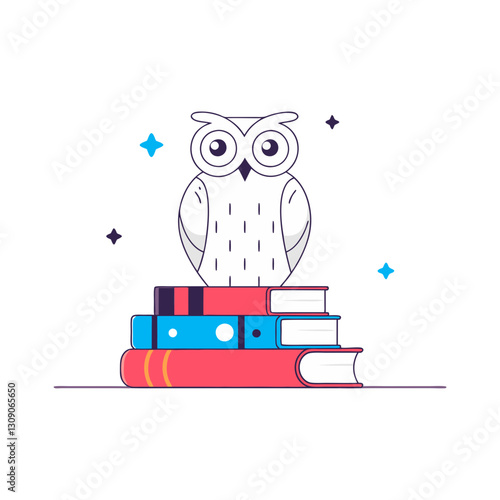 Minimalist vector illustration of a wise owl perched on a stack of books, symbolizing knowledge, education, and wisdom. Simple and intellectual design.